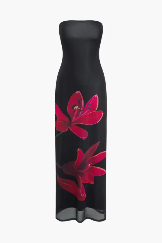 Blomsterprint Rygløst Tie Mesh Stropløs Maxikjole sold by Micas