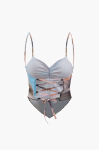Printed Mesh V-hem Tie Back Cami Top sold by Micas