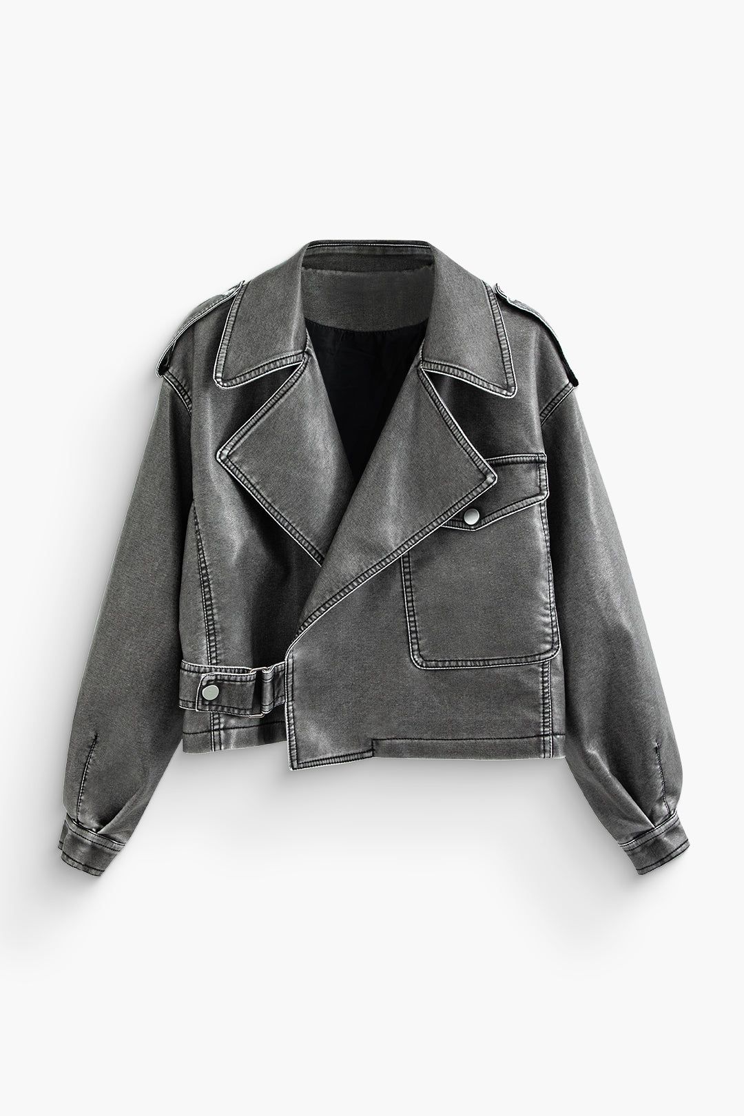 Faux Leather Collar Flap Pocket Jacket sold by Micas