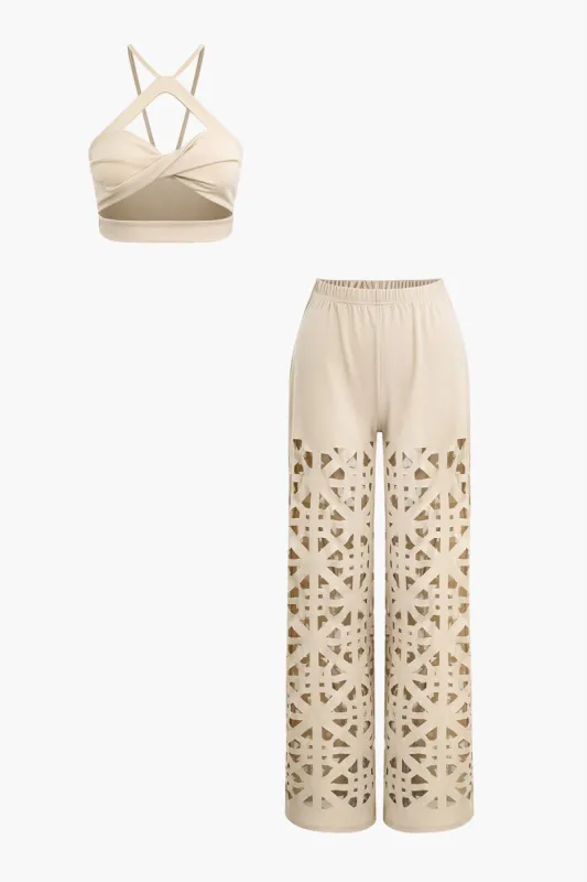 Drej afgrøde top og skåret ud lige benbukser sæt sold by Micas