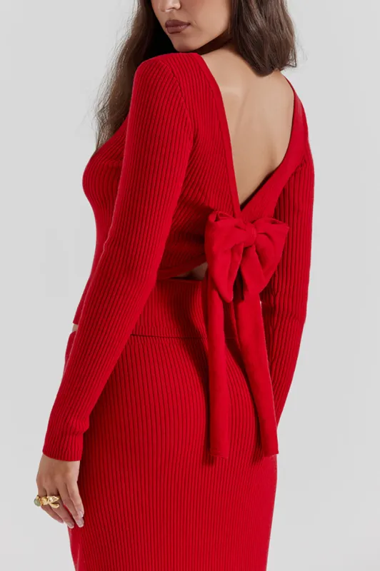 Knit Bow Tie Top And Midi Skirt Set sold by Micas