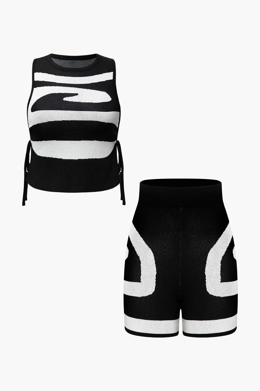 Black And White Knit Sleeveless Top And High Waisted Shorts Set sold by Micas