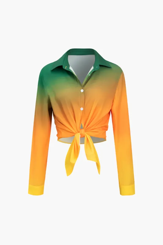 Ombre Print Tie Front Long-Sleeve Shirt sold by Micas