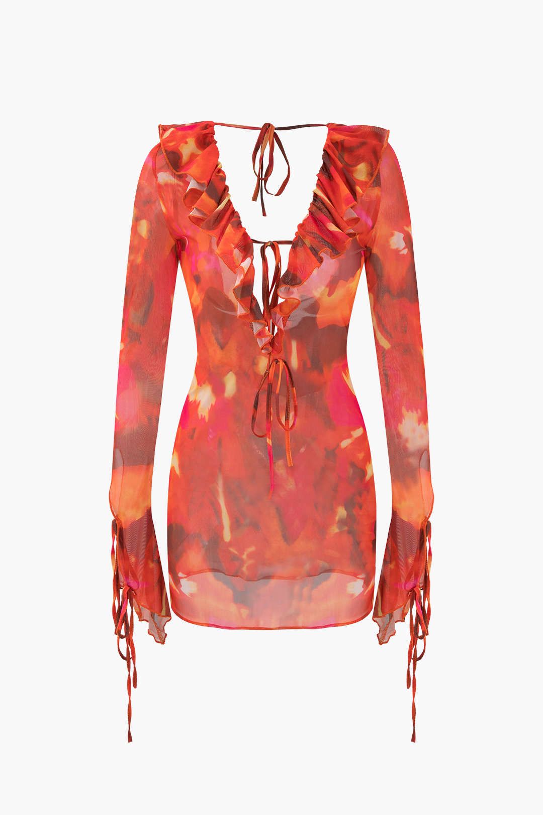 Abstract Print Tie Front Ruffle Mini Dress sold by Micas