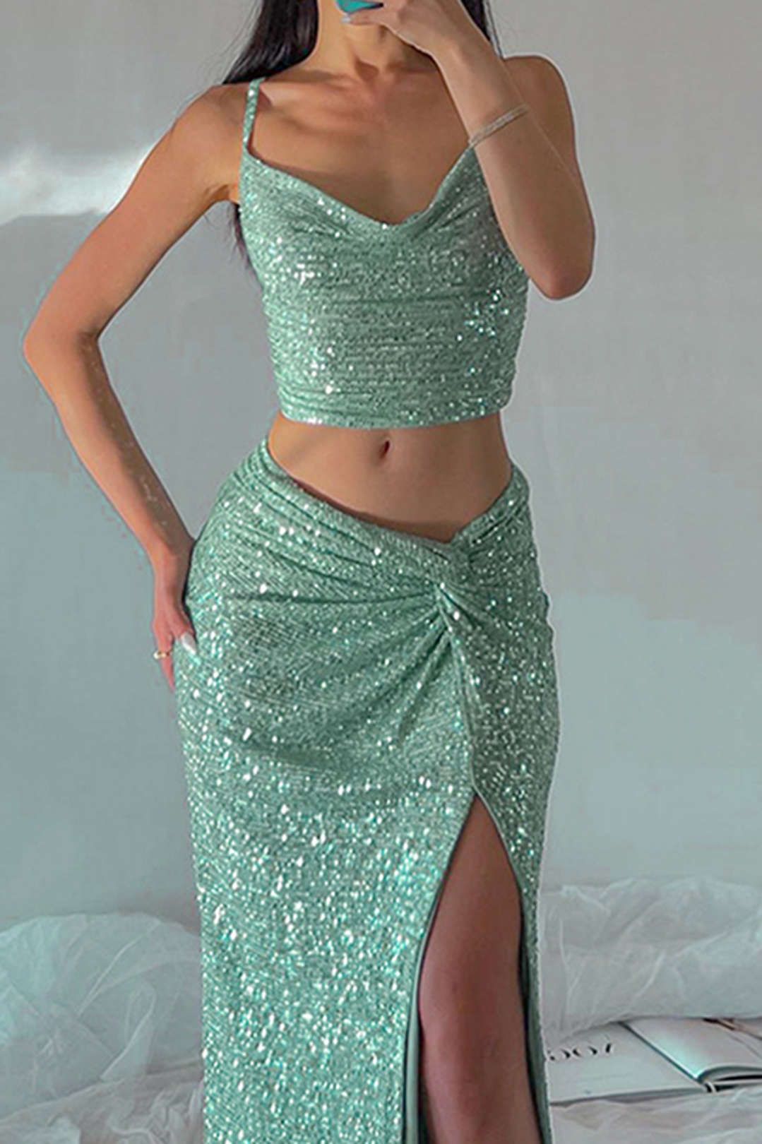 Sequin Cowl Neck Cami Top And Slit Midi Skirt Set sold by Micas product image thumbnail 3