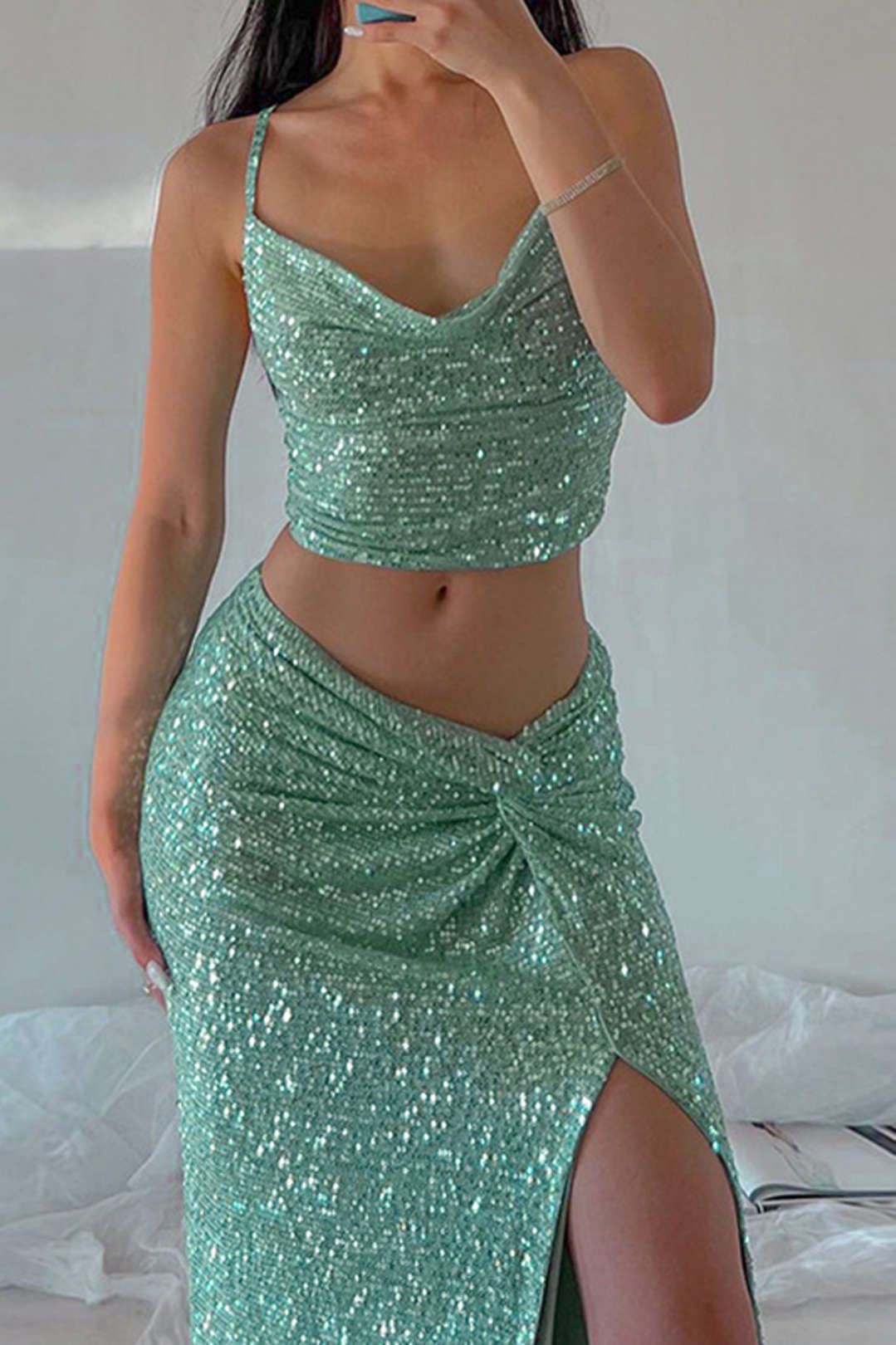 Sequin Cowl Neck Cami Top And Slit Midi Skirt Set sold by Micas product image thumbnail 2