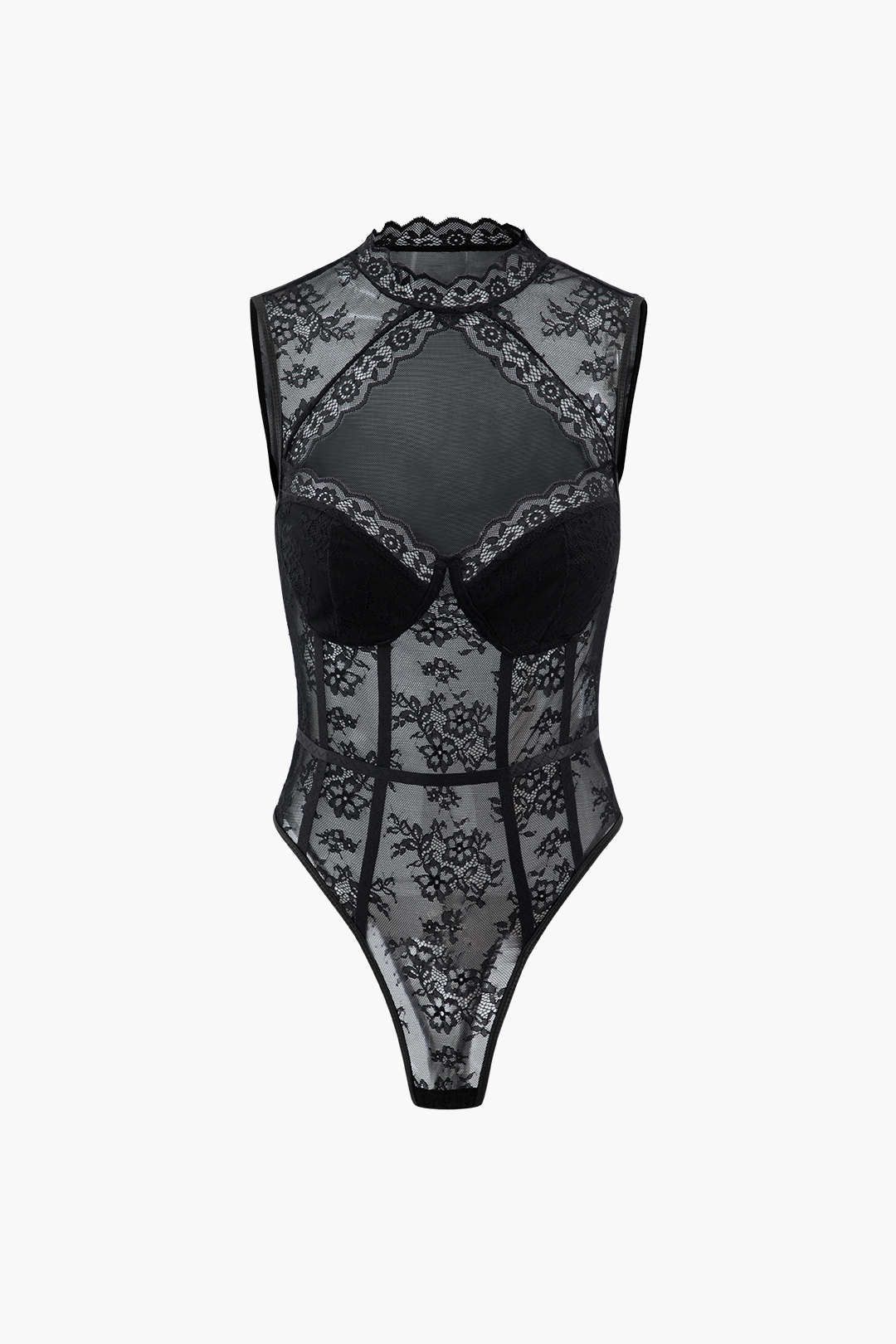 Sheer Lace Cut Out Sleeveless Bodysuit sold by Micas