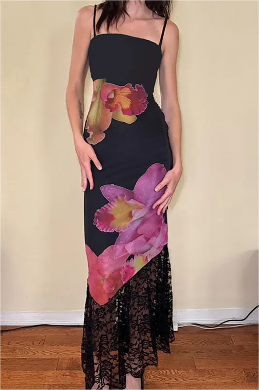 Floral Print Lace Patchwork Slip Maxi Dress sold by Micas