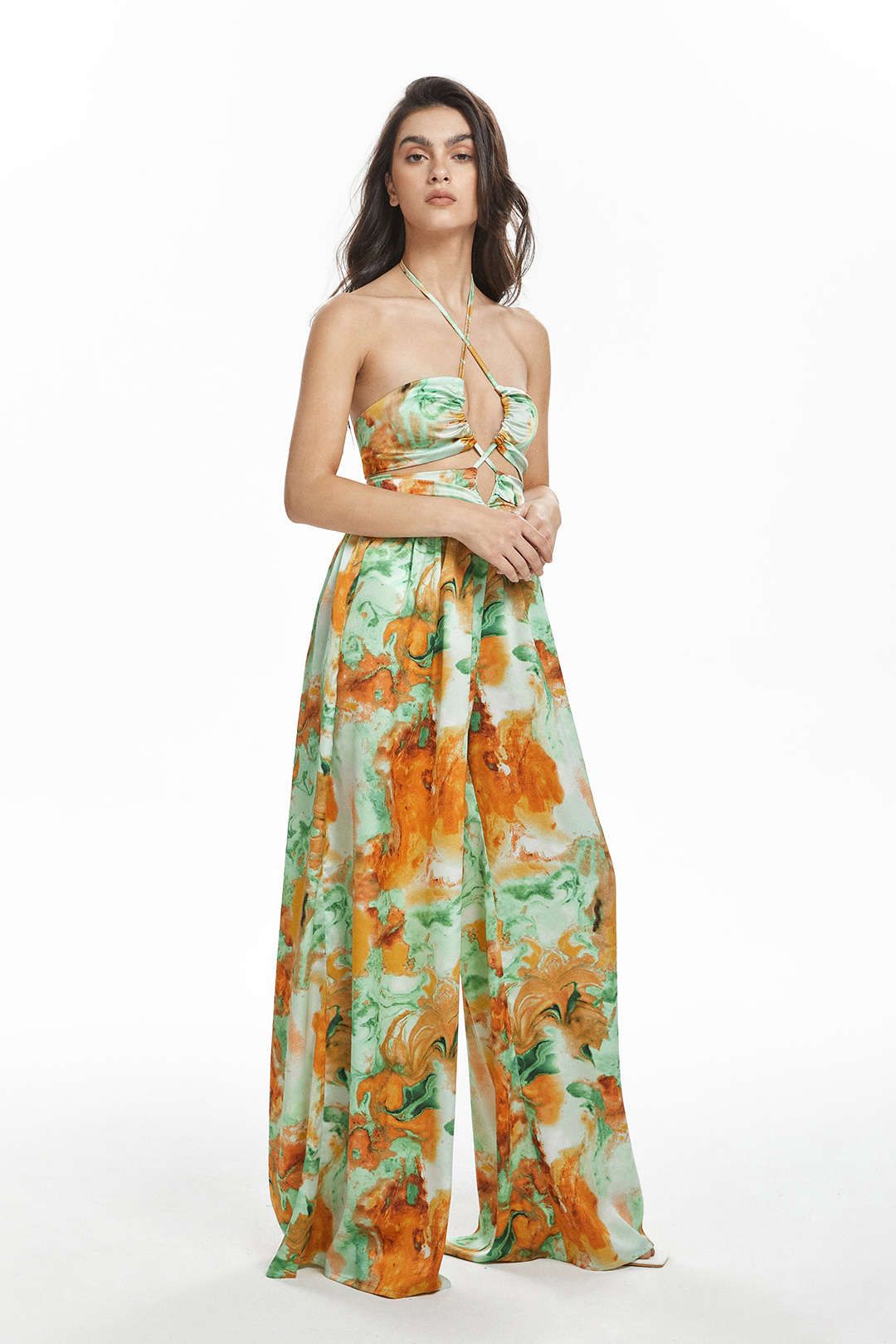 Abstract Print Halter Neck Satin Wide Leg Jumpsuit sold by Micas product image thumbnail 9