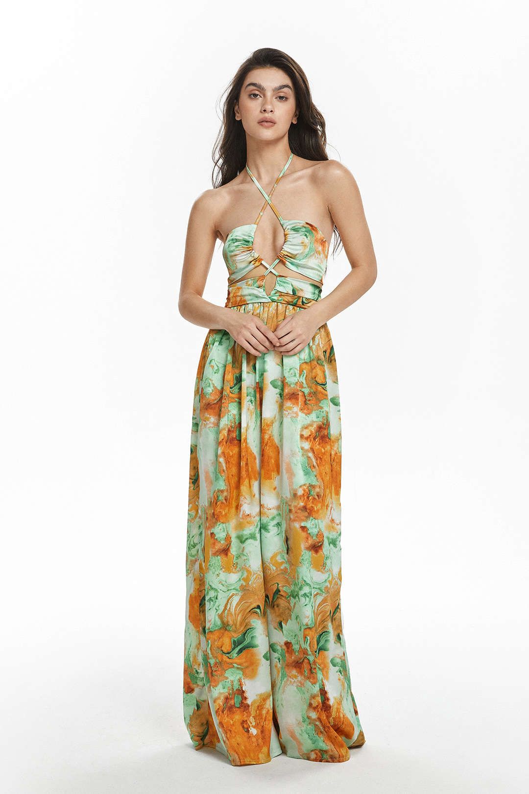 Abstract Print Halter Neck Satin Wide Leg Jumpsuit sold by Micas product image thumbnail 8
