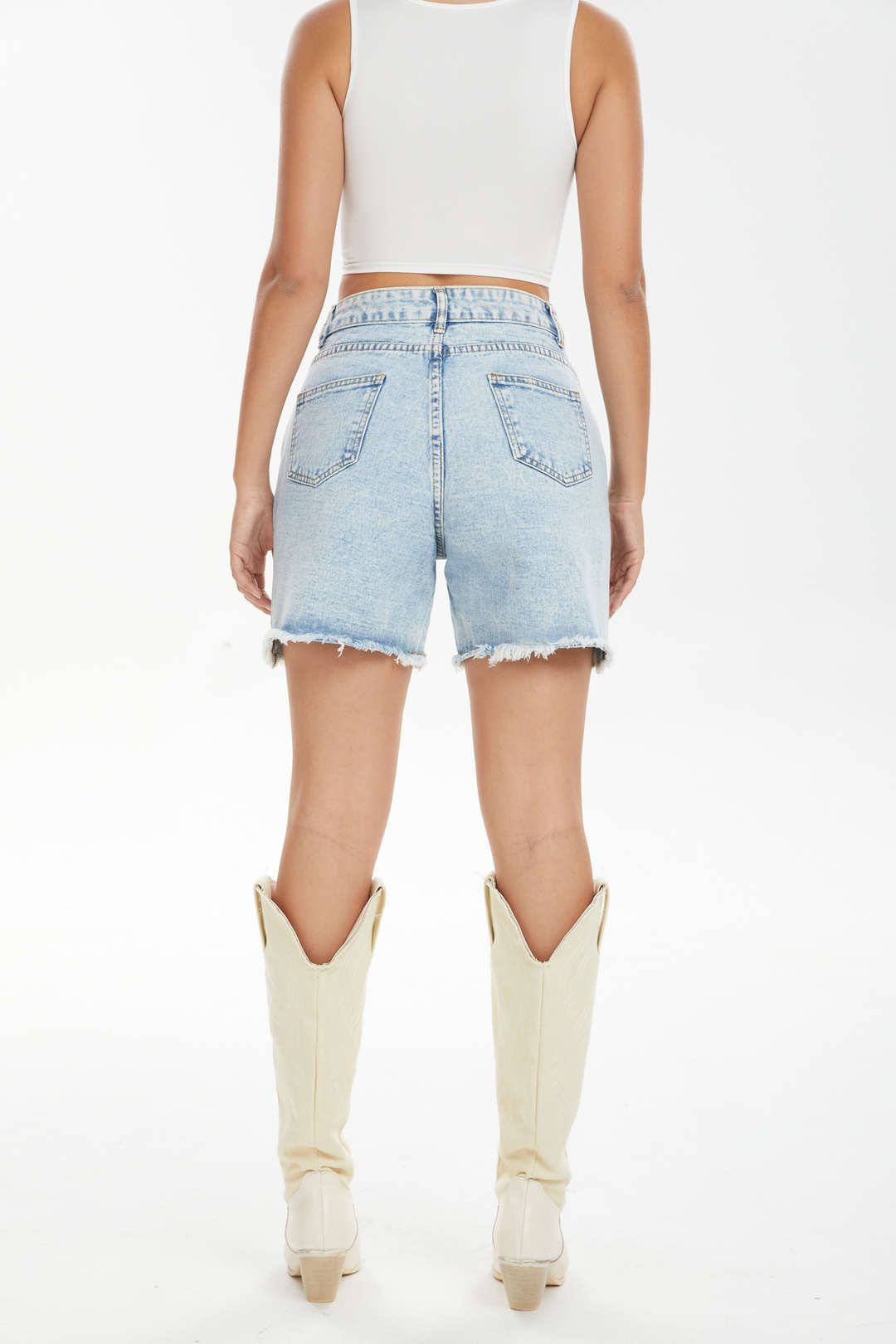 Asymmetric Waist Frayed Denim Shorts sold by Micas product image thumbnail 5