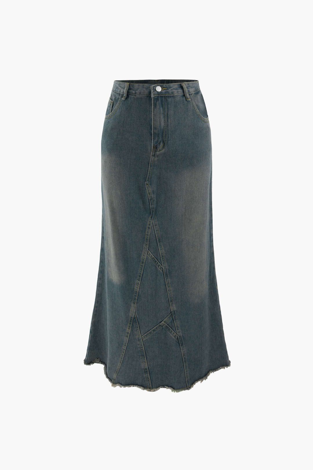 Frayed Hem Denim Maxi Skirt sold by Micas