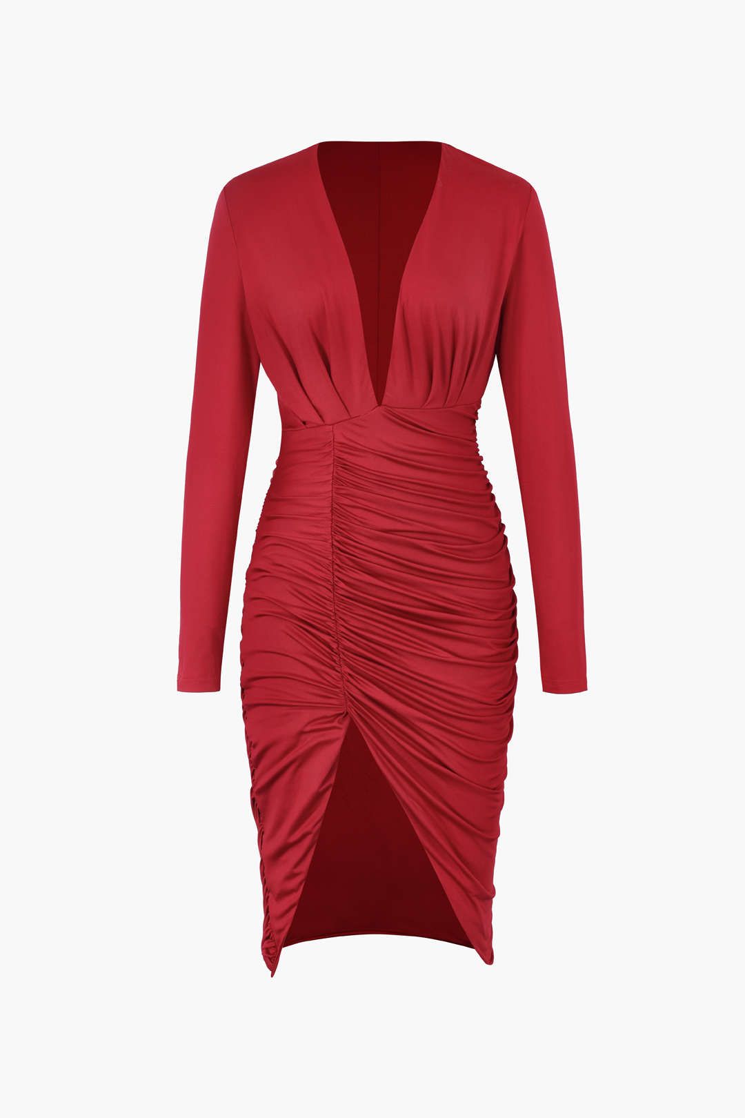 Deep V-neck Ruched Slit Midi Dress sold by Micas