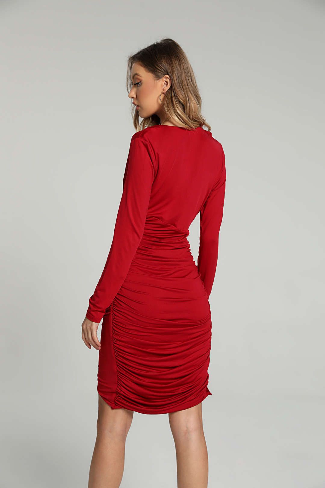 Deep V-neck Ruched Slit Midi Dress sold by Micas product image thumbnail 4