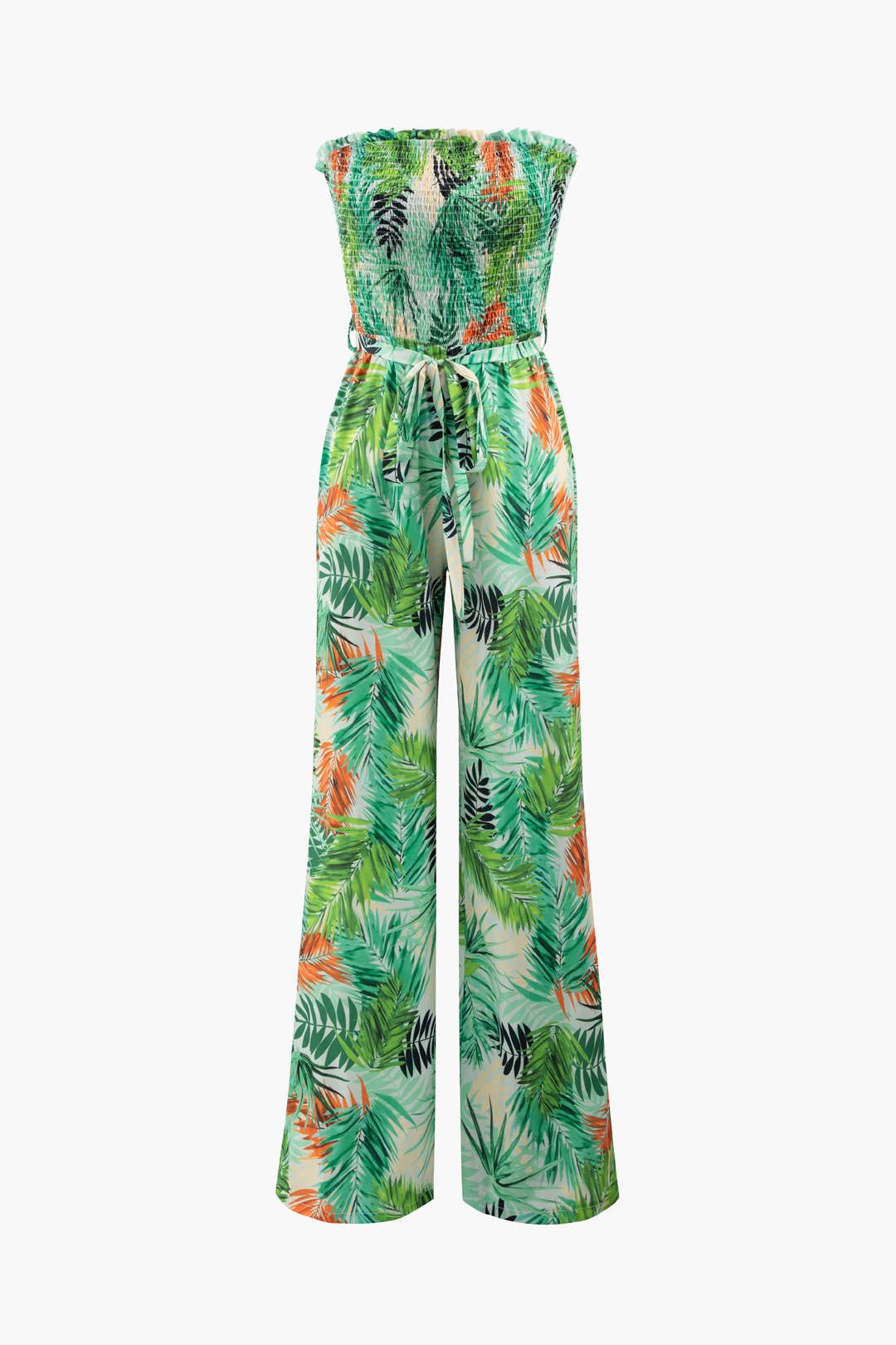 Tropical Print Belted Strapless Wide Leg Jumpsuit sold by Micas