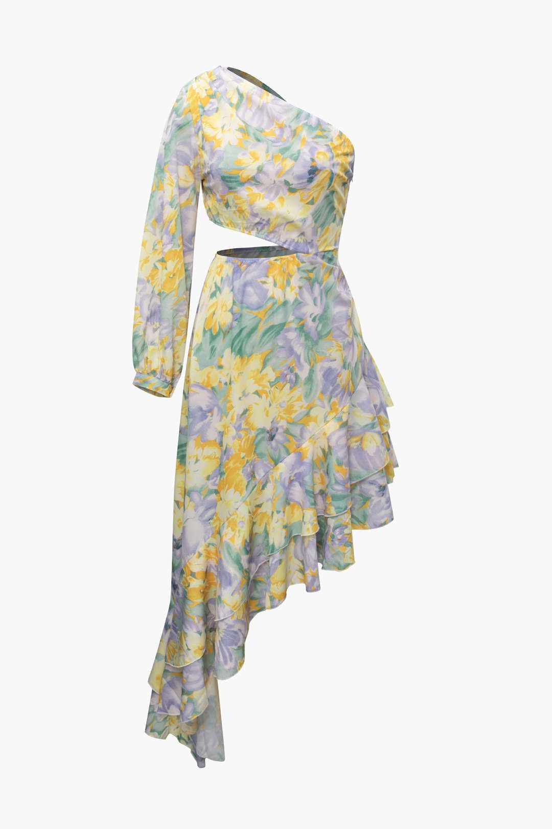 Floral Print Cut Out Asymmetric Ruffle Midi Dress sold by Micas