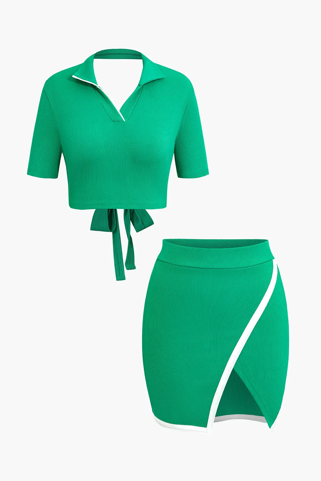 Kontrastfri rygløs top og slids asymmetrisk mini-nederdelsæt sold by Micas