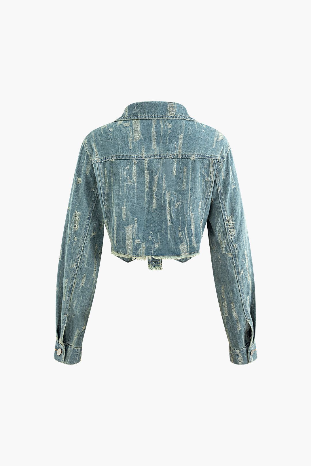 Frayed Denim Flap Pocket Button Up Crop Jacket And Slit Skirt Set sold by Micas product image thumbnail 4