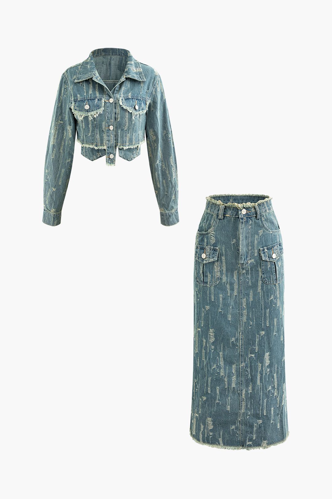 Frayed Denim Flap Pocket Button Up Crop Jacket And Slit Skirt Set sold by Micas