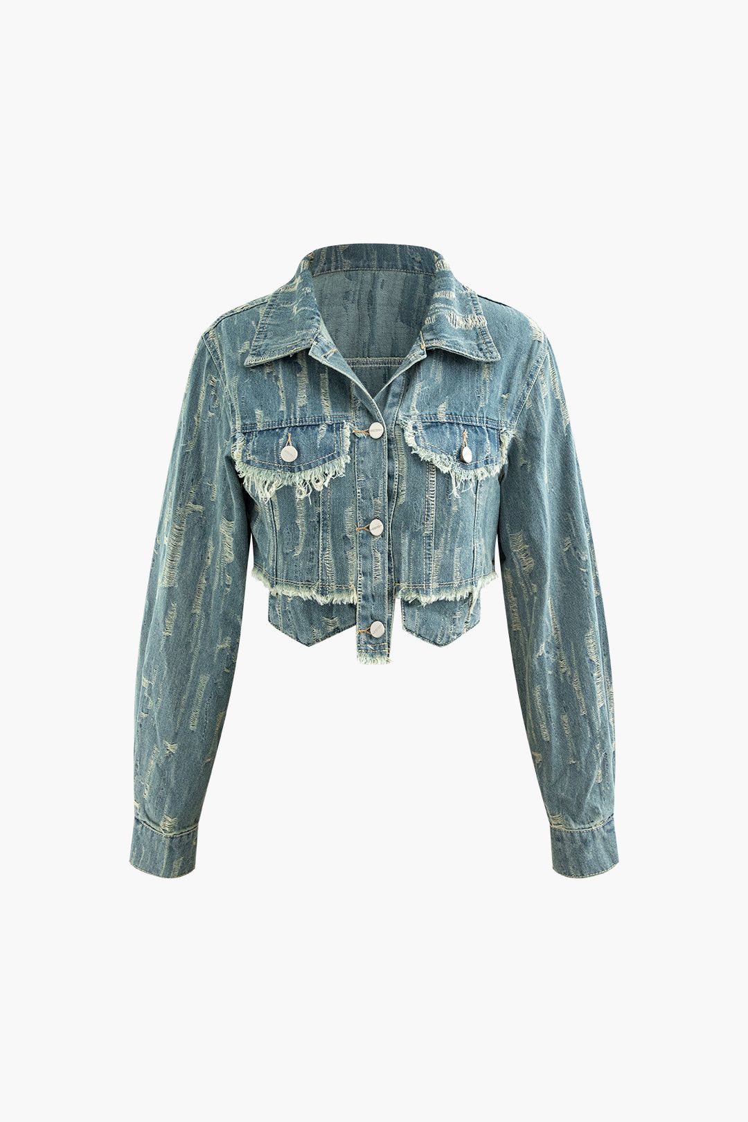 Frayed Denim Flap Pocket Button Up Crop Jacket And Slit Skirt Set sold by Micas product image thumbnail 2