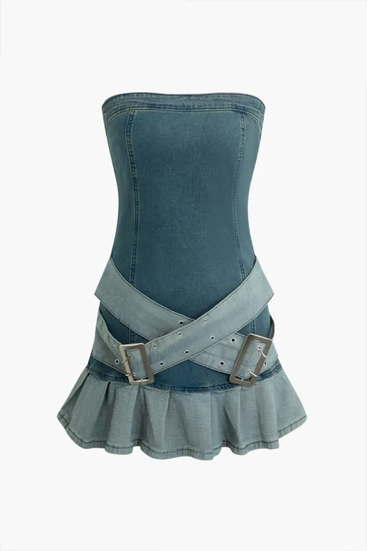 Denim stropløs minikjole med bælte sold by Micas