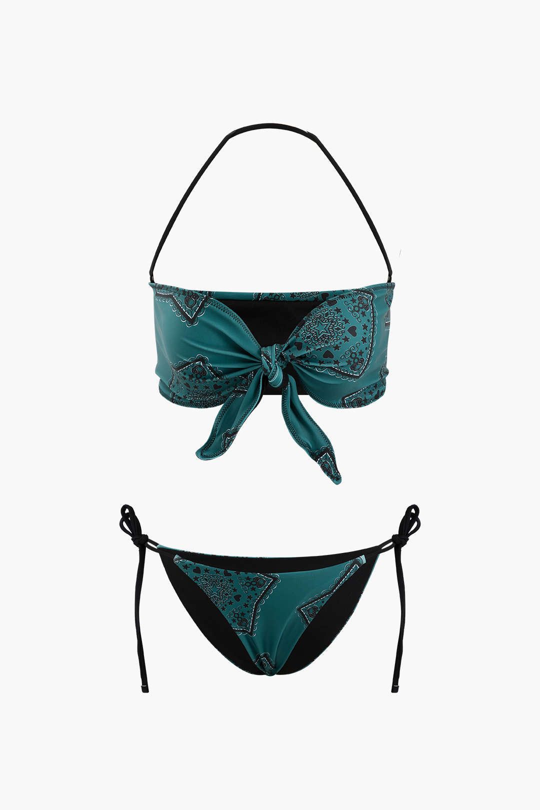 Printed Knotted Halter Tie Bikini Swimsuit Set sold by Micas