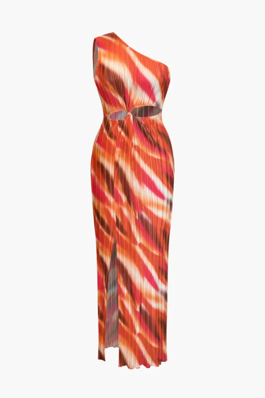 Abstract Print Plisse One Shoulder Cut Out Slit Midi Dress sold by Micas
