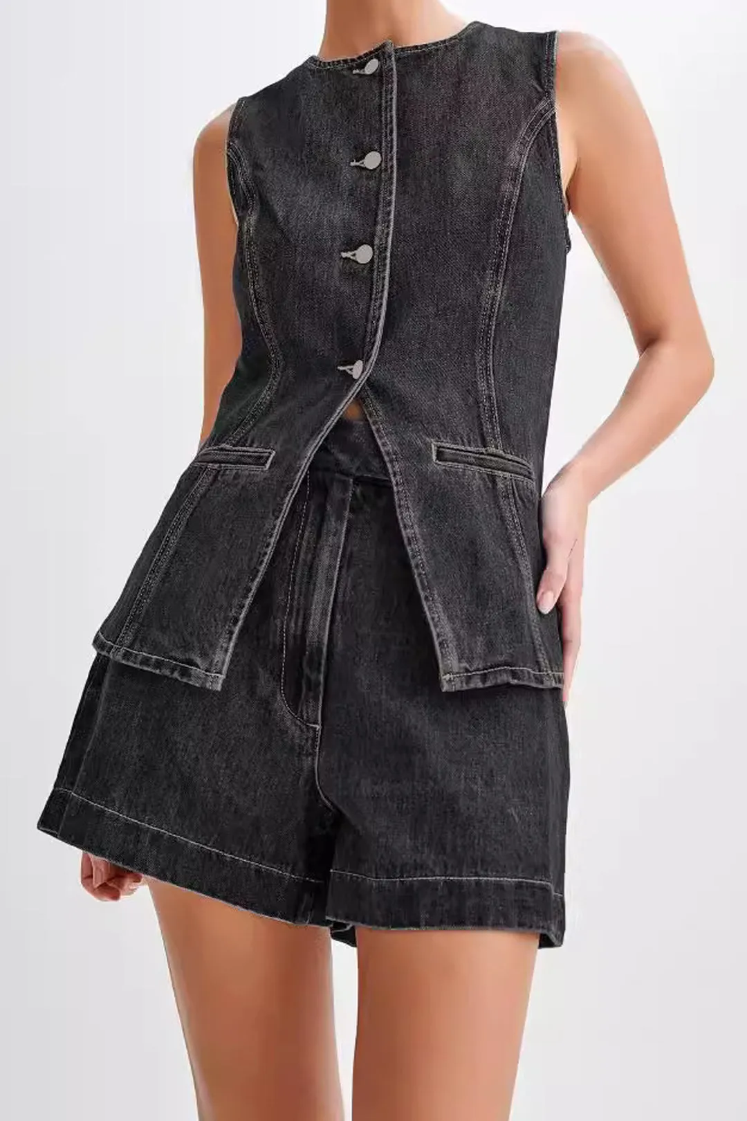 Denim Button Up Vest og Shorts Sæt sold by Micas product image thumbnail 3