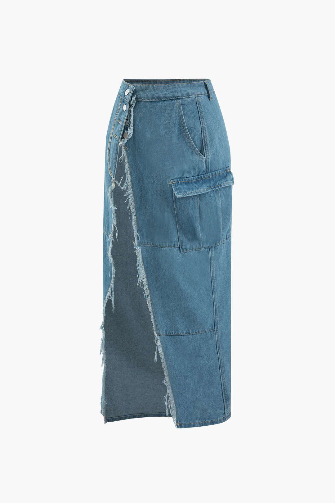 Flap Pocket Frayed Denim Slit Skirt sold by Micas