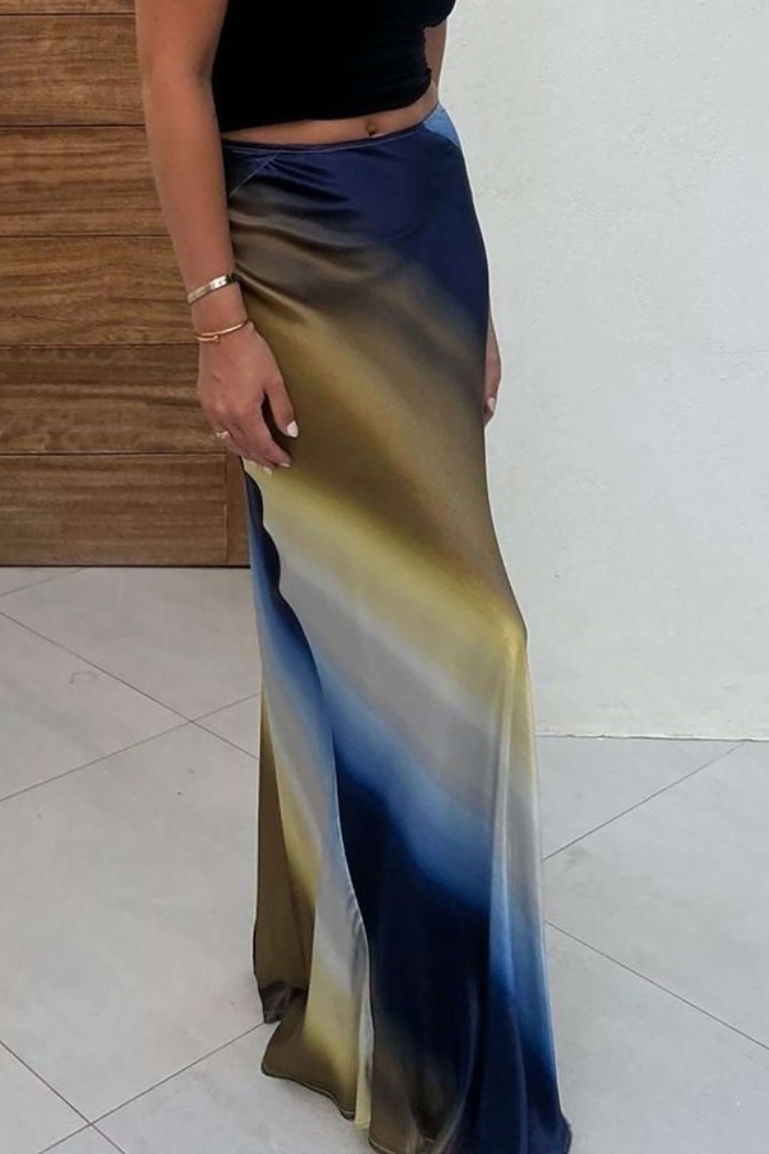 Abstract Print Satin Maxi Skirt sold by Micas