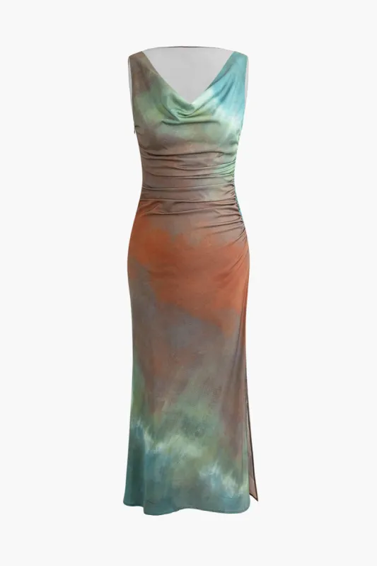 Tie Dye Sleeveless Cowl Neck Ruched Maxi Dress sold by Micas