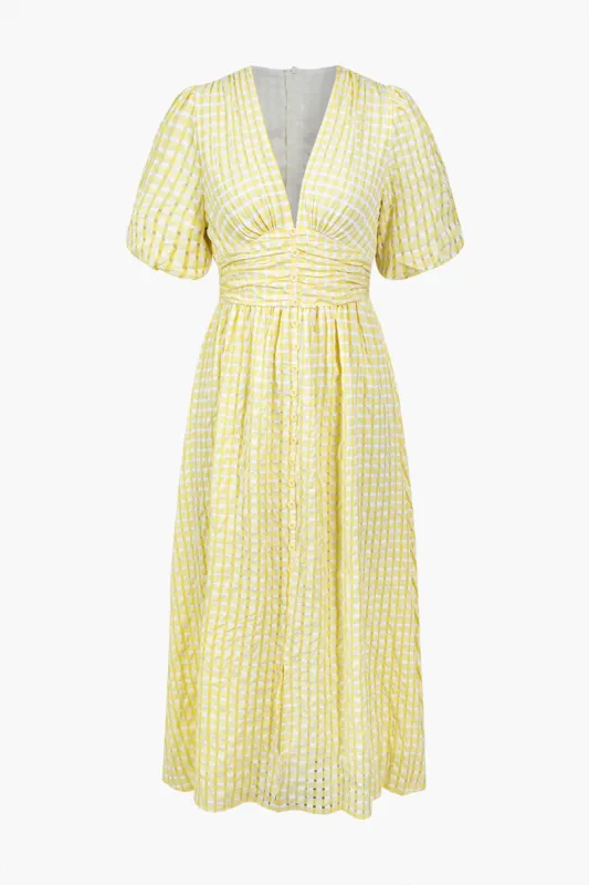 Button V-neck Puff Midi Dress sold by Micas