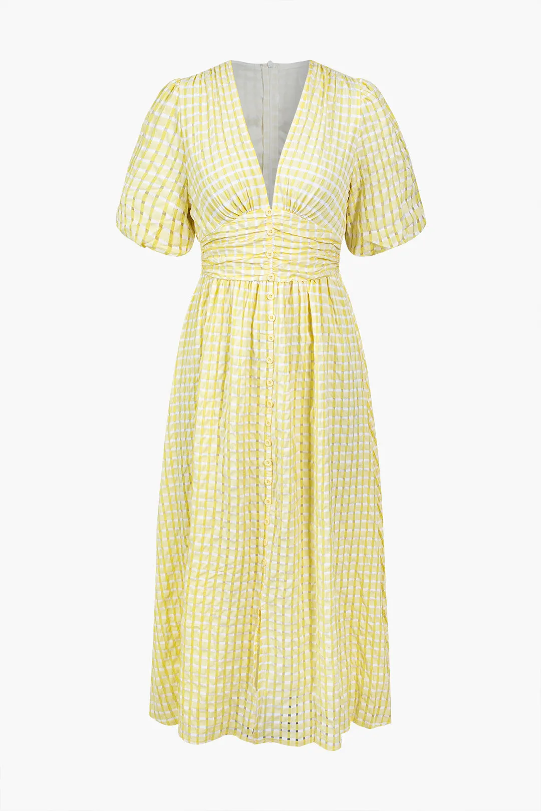 Button V-neck Puff Midi Dress sold by Micas