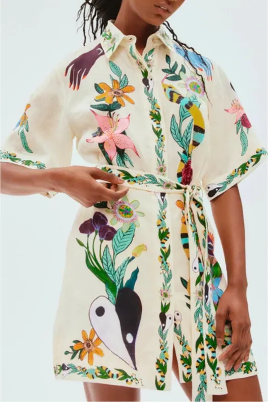 Abstract Print Waist Tie Mini Shirt Dress sold by Micas