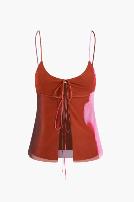 Contrast Mesh Tie-Front Cami Top sold by Micas