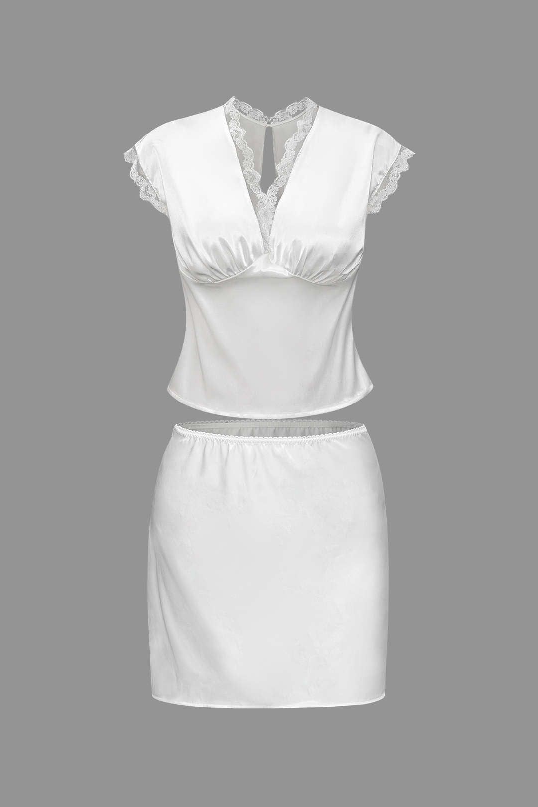 Satin V-neck Lace Trim Tie Back Top And Mini Skirt Set sold by Micas product image thumbnail 3