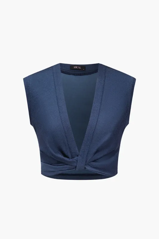 Solid Twist Knot Denim V-hals Crop Tank Top sold by Micas