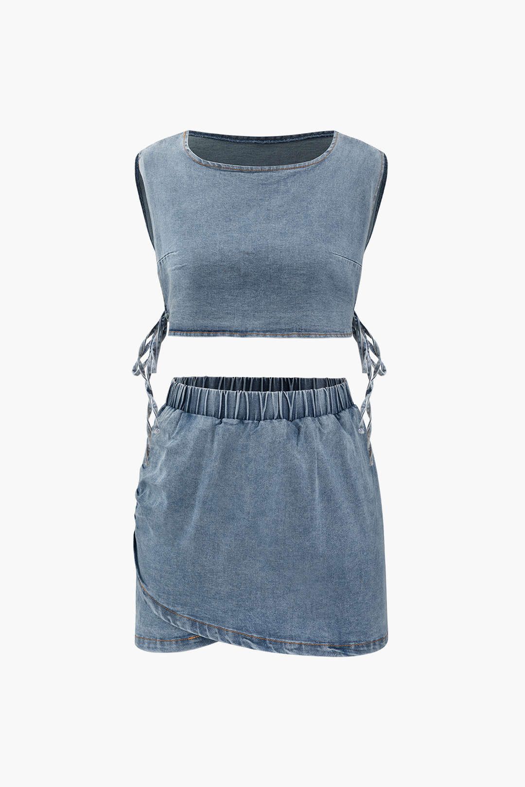 Denim Side Tie Tank Top And Wrap Mini Skirt Set sold by Micas