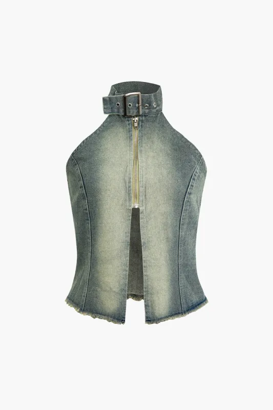 Belt Neck Zip-Up Denim Vest sold by Micas