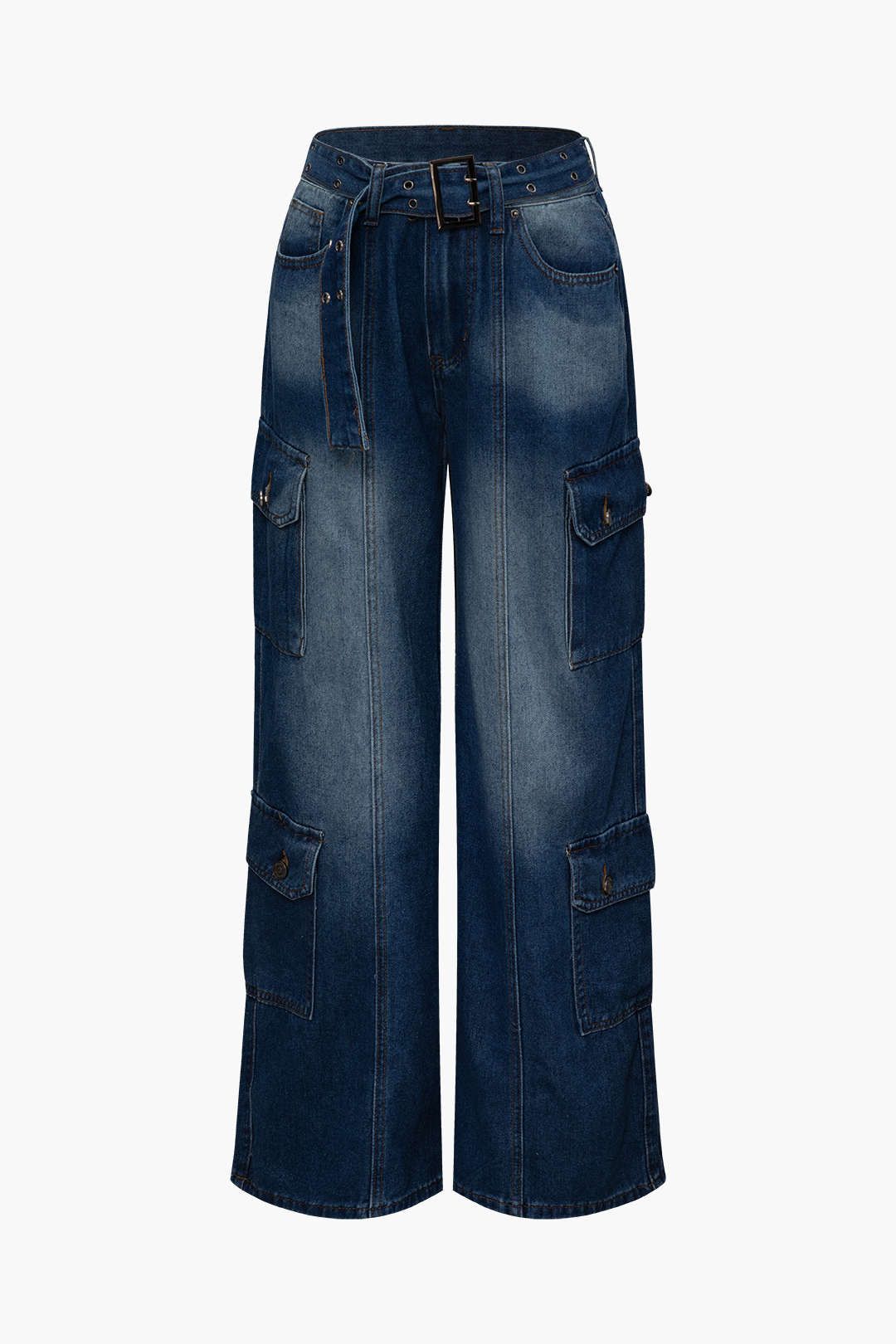 Multi-pocket Belted Wide Leg Cargo Jeans sold by Micas