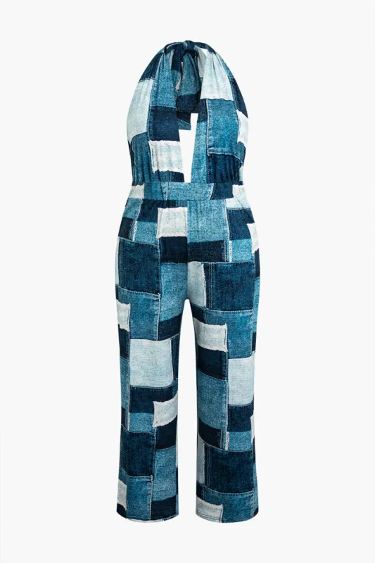 Plus Size Patchwork Denim Halter Jumpsuit sold by Micas
