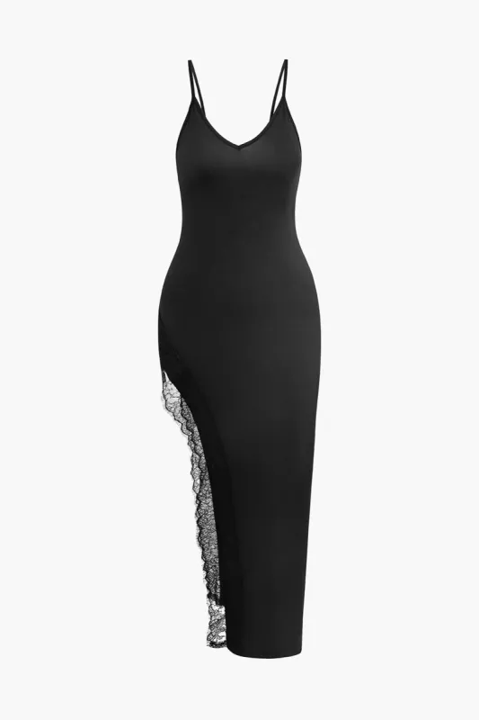 Solid High Slit Lace Trim Slip Midi Dress sold by Micas