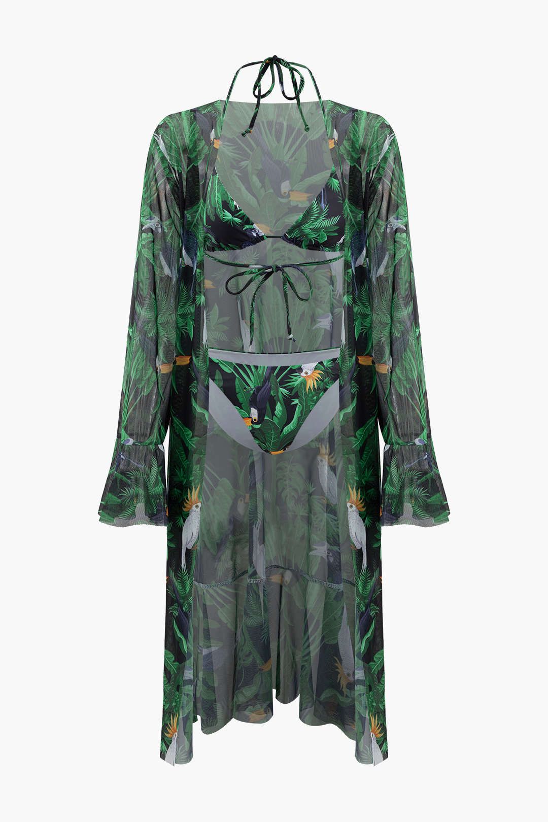 Tropical Print Halter Tie Bikini Swimsuit Set And Cover-up sold by Micas