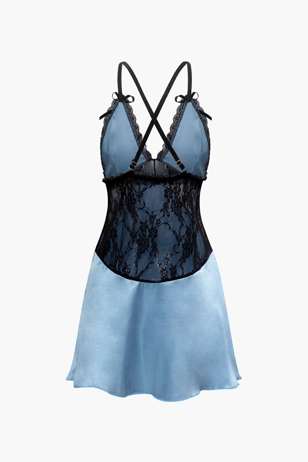 V-neck Cross Back Lace Paneled Satin Mini Dress sold by Micas product image thumbnail 2