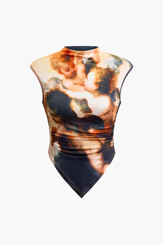 Angel Print Asymmetrical Hem Mock Neck Tank Top made by Micas