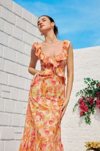 Floral Print V-neck Ruffle Tie Back Maxi Dress sold by Micas