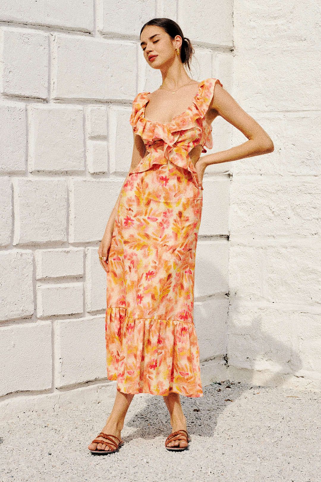 Floral Print V-neck Ruffle Tie Back Maxi Dress sold by Micas product image thumbnail 5