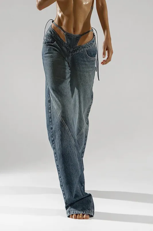 Denim Cut Out vaskede Tie-Up-jeans sold by Micas