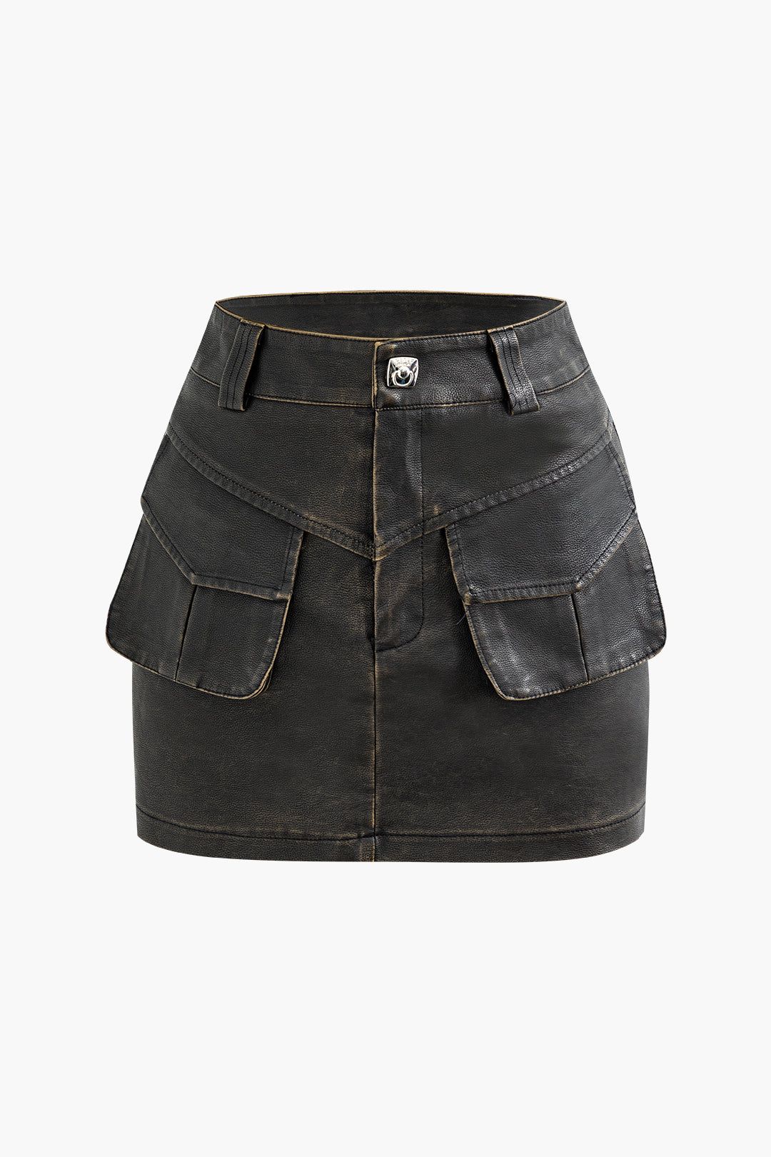 Distressed Faux Leather Flap Pocket Mini Skirt sold by Micas