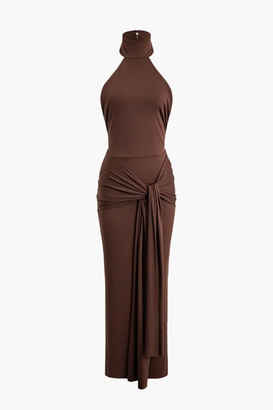 Solid Tie Front Backless Slit Maxi Dress sold by Micas